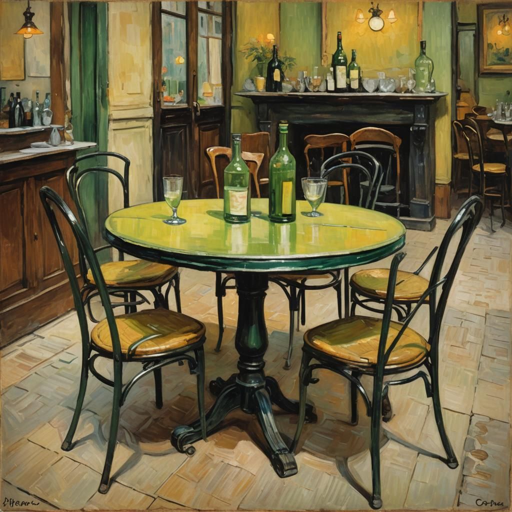 Café Table with Absinthe in Impressionistic Style