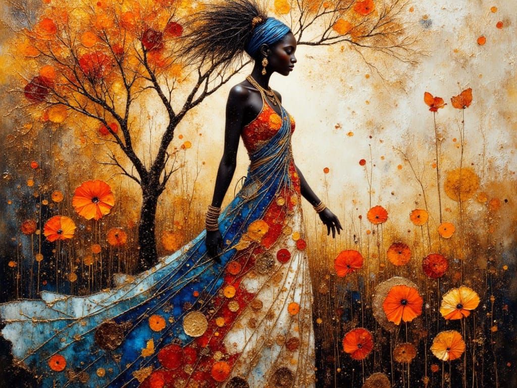 Silhouetted Maasai Princess with Baobab Trees in Impasto