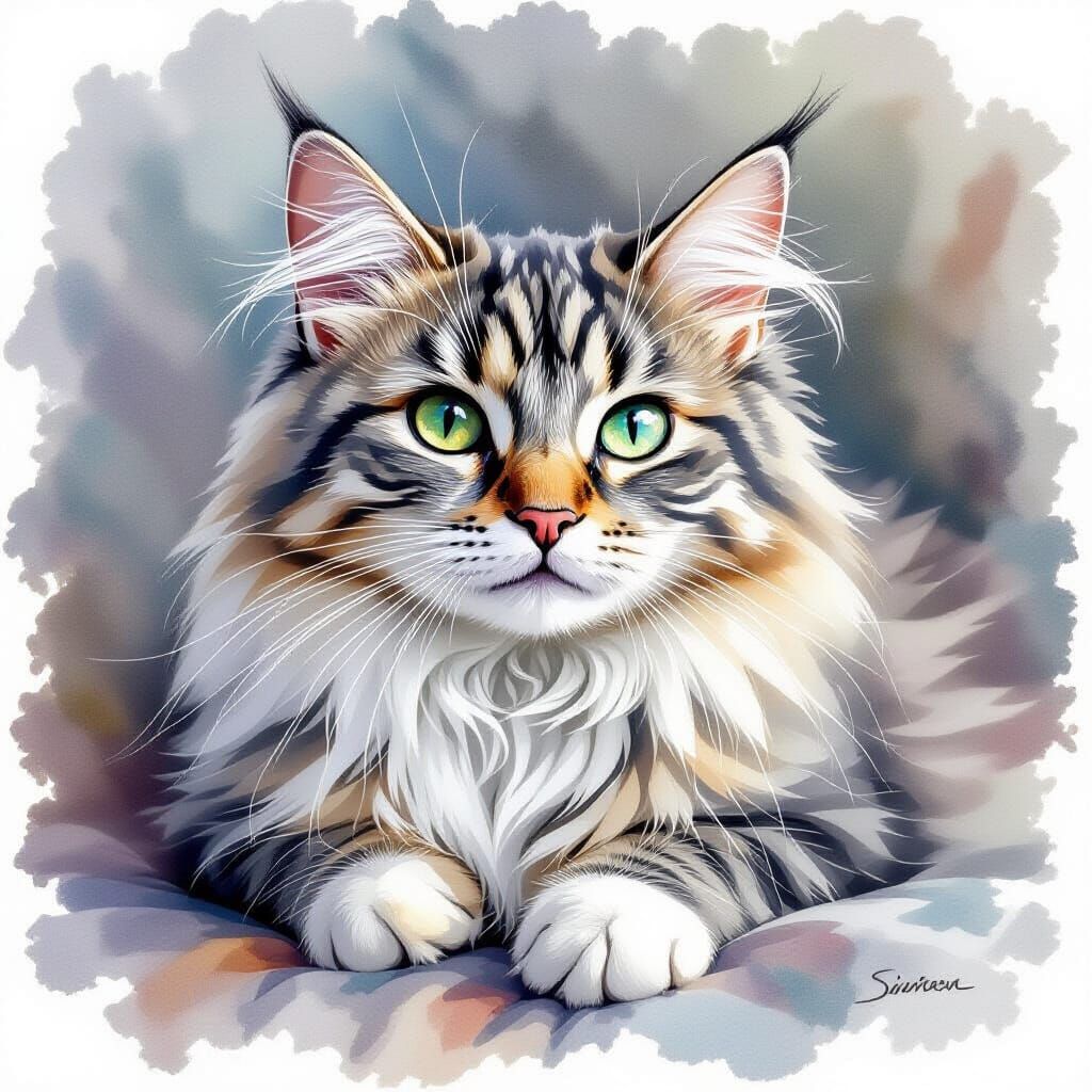 Realistic Watercolor Silver Shaded Chinchilla Cat Portrait