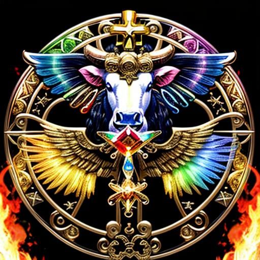 Angelic Bull Amidst Rainbow Fire and Crystals