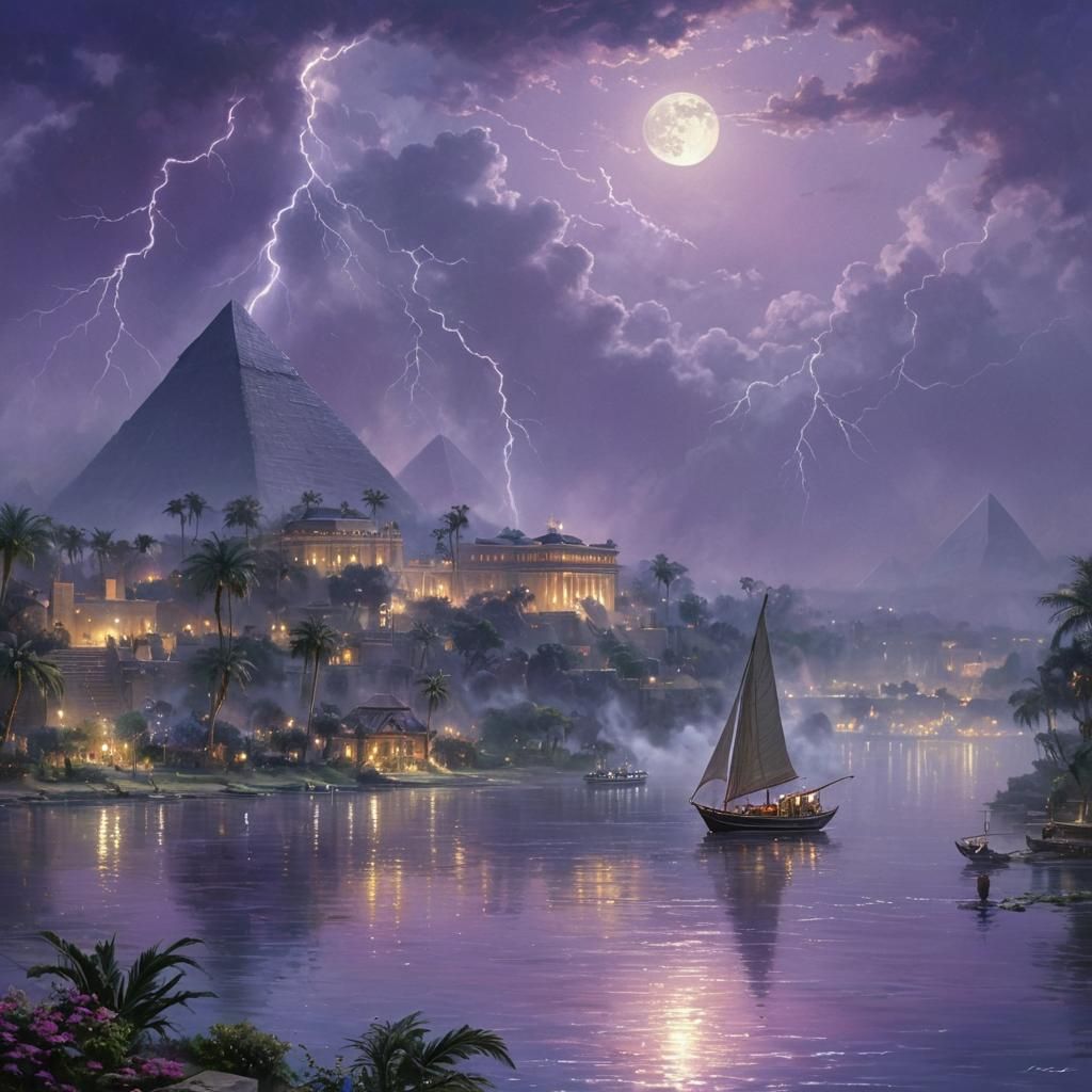 lightning, Egyptian princess, purple, moon, nile river