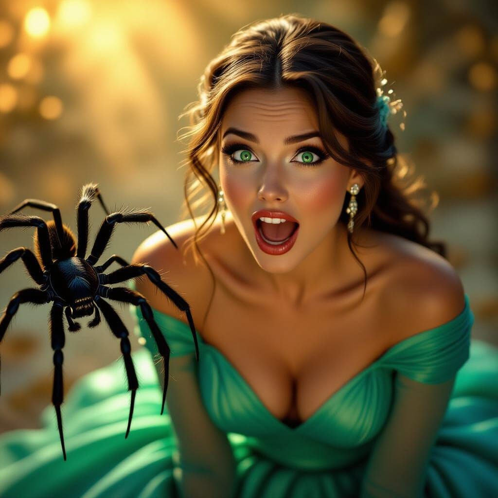 Stunning Woman in Gown Shocked by Black Widow Spider