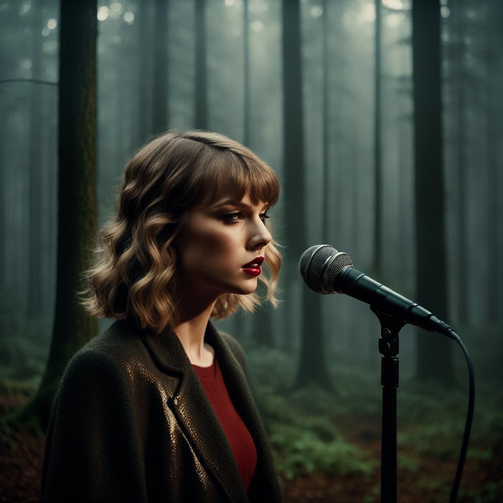 Taylor Swift in Moody Forest at Dusk, Film Noir-Inspired Cin...