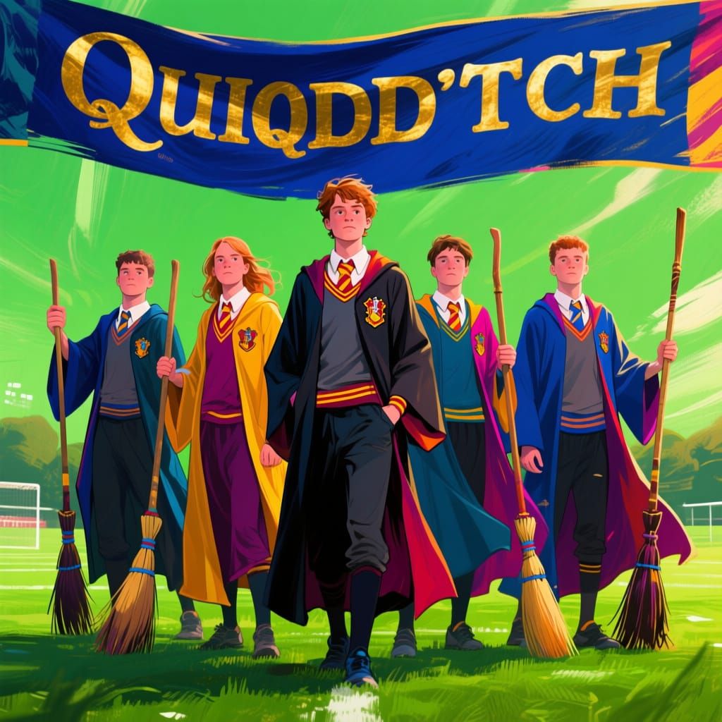Athletes in Robes on Quidditch Field with Brooms