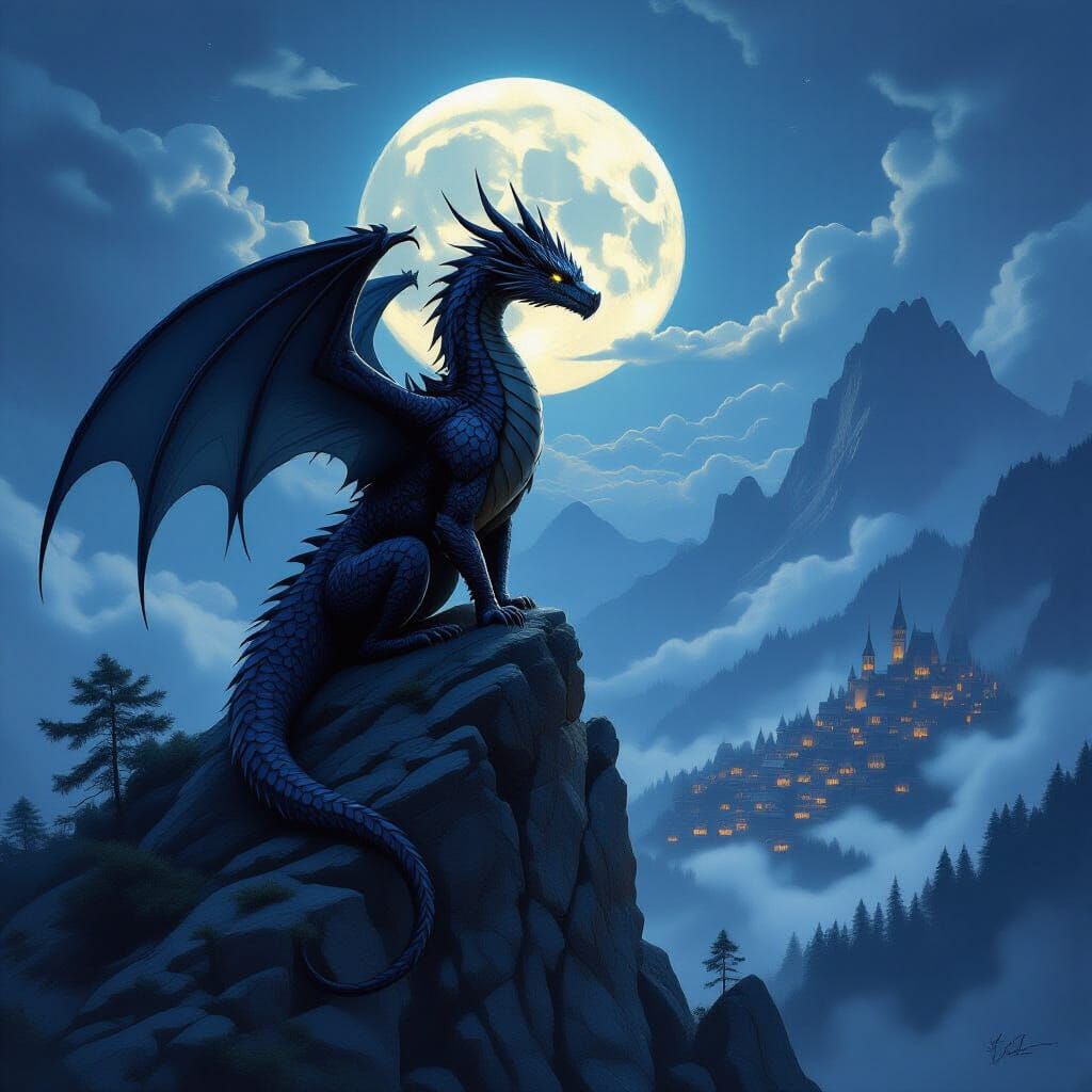 Obsidian Dragon Over Fantasy Kingdom in Ethereal Moonlight