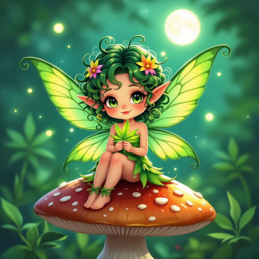 Whimsical Chibi Fairy with Marijuana Leaf Fan