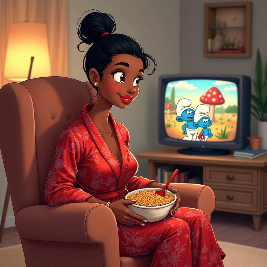 Vibrant Cartoon of a Latina Woman in a Cozy Living Room