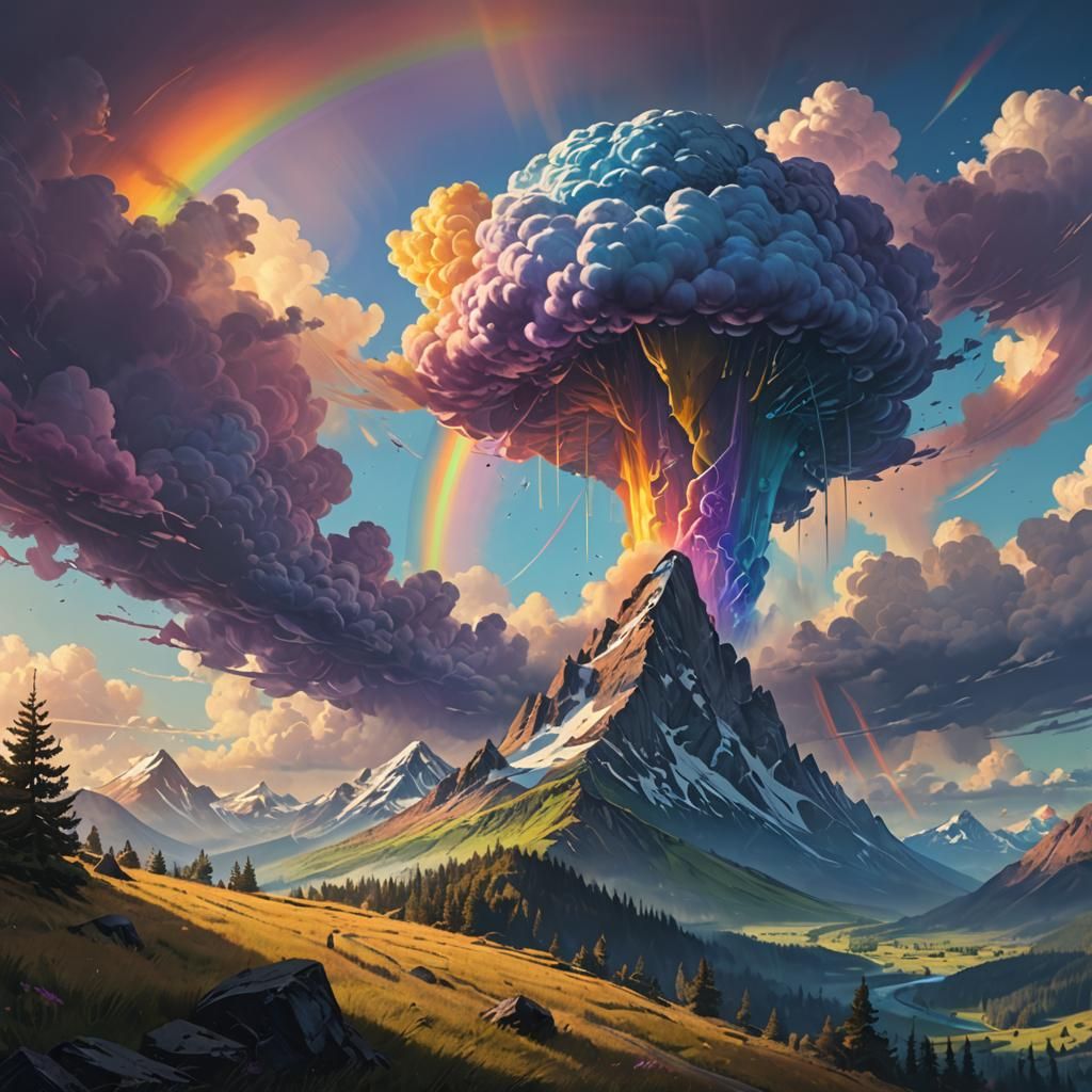 Majestic Mountain with Rainbow Swirl in Ethereal Landscape