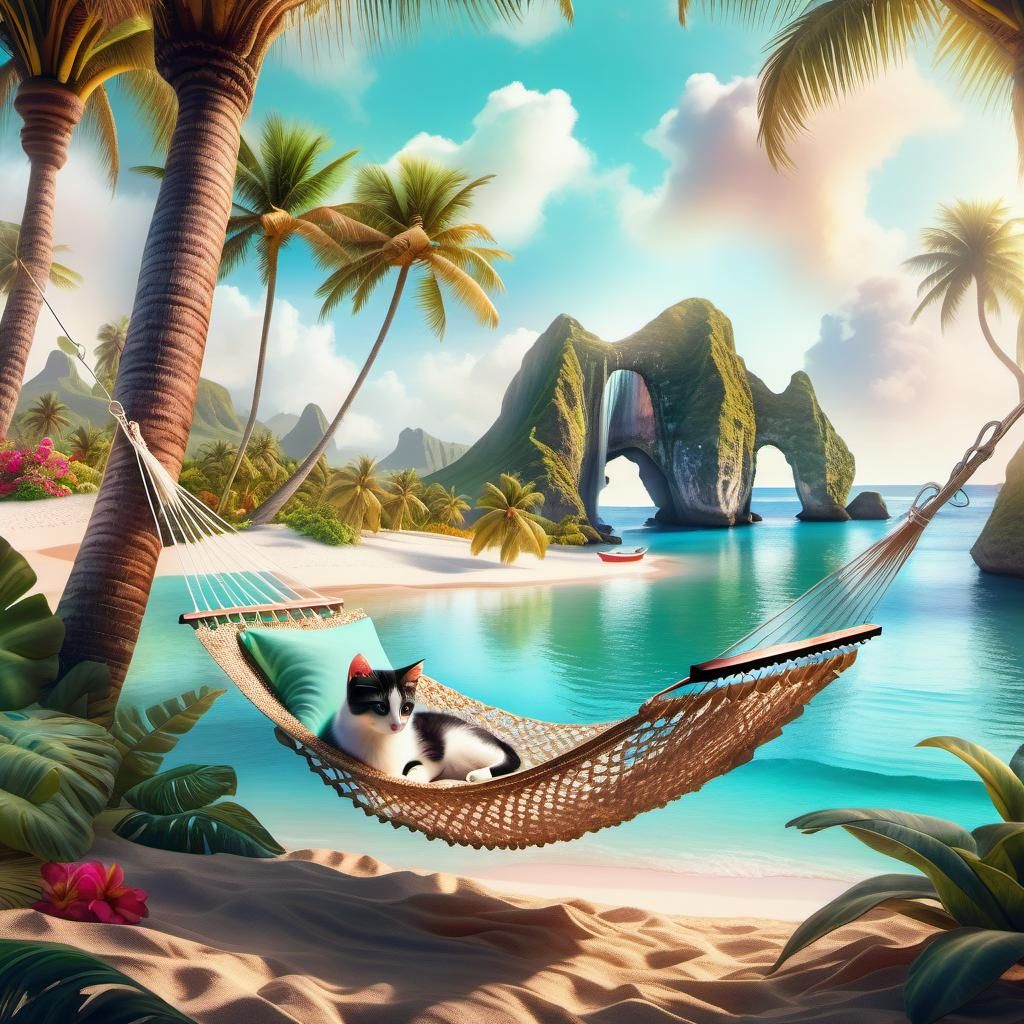 Island Oasis: Kitten in a Watercolor Paradise