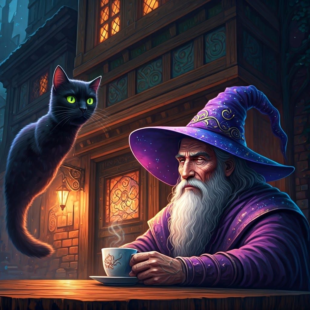 Majestic Black Cat Watches Over Wise Wizard in Vibrant Fanta...