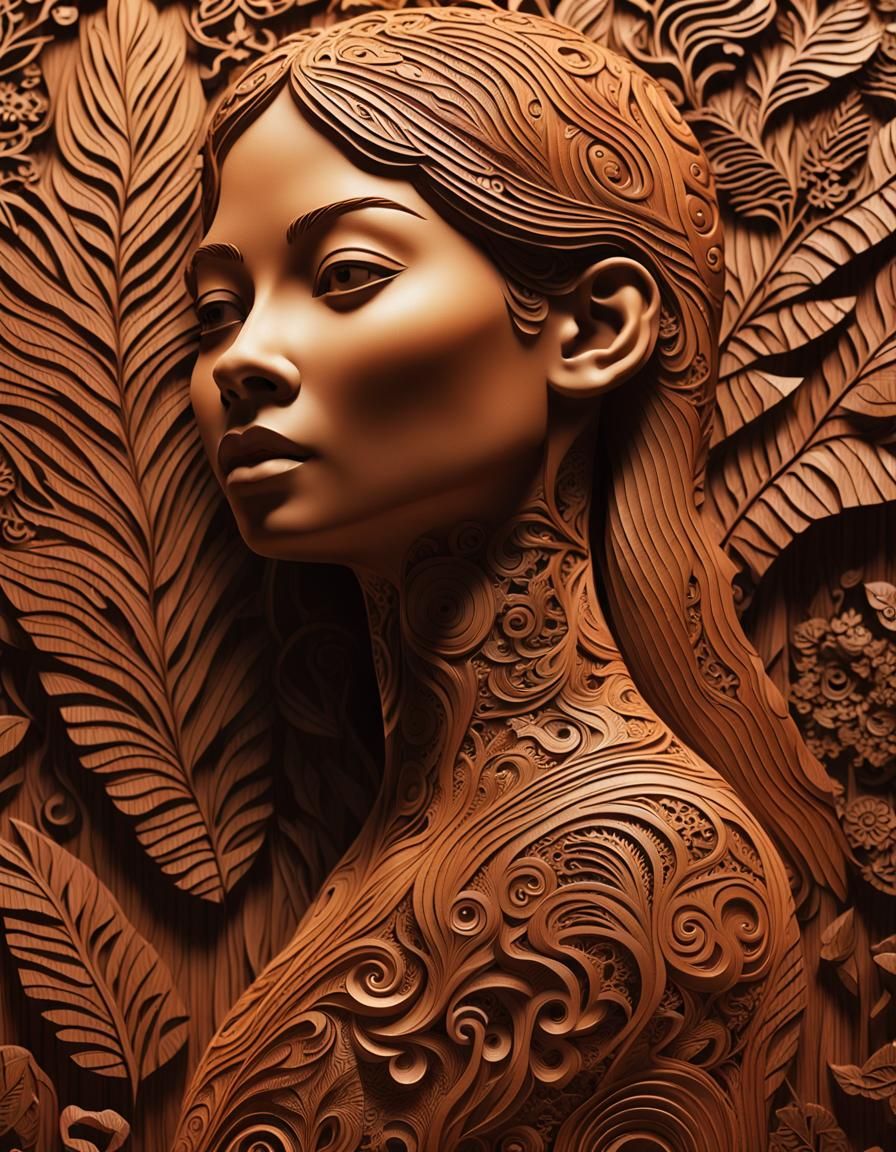 Amazon Woman Wood Carving with Fractal Background