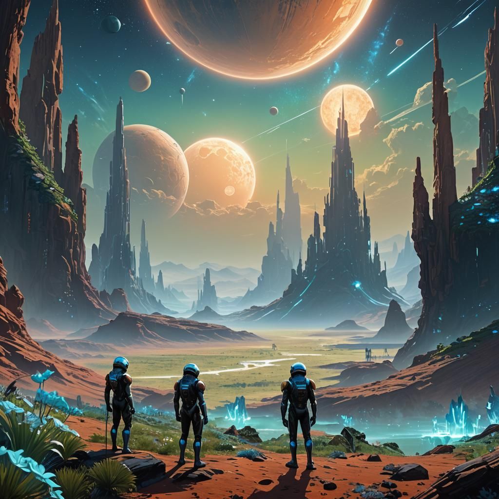 Alien Planet with Twin Suns and Crystalline Structures