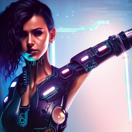 Cyberpunk Latina Girl Portrait with Cybernetic Arm