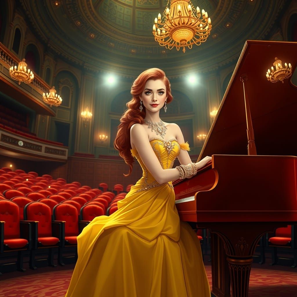 Redhead Pianist in Concert Hall, Art Nouveau Style