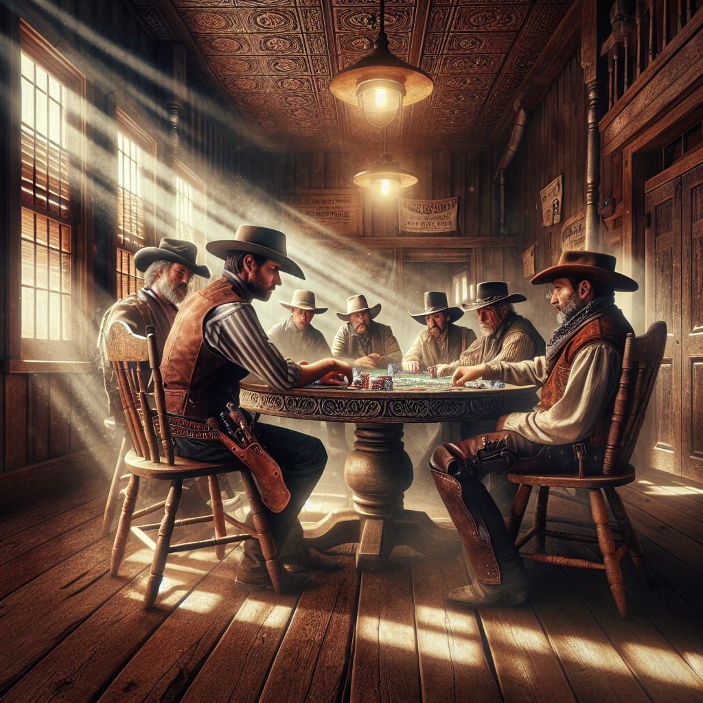 Cowboys Play Poker in Old Western Saloon