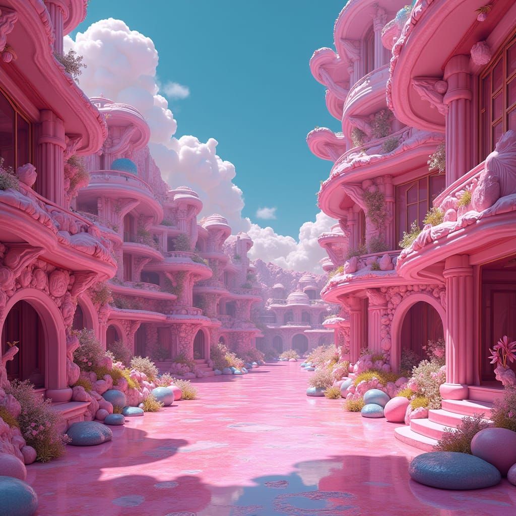 Vibrant Pink Fantasy Realm in Atmospheric Style