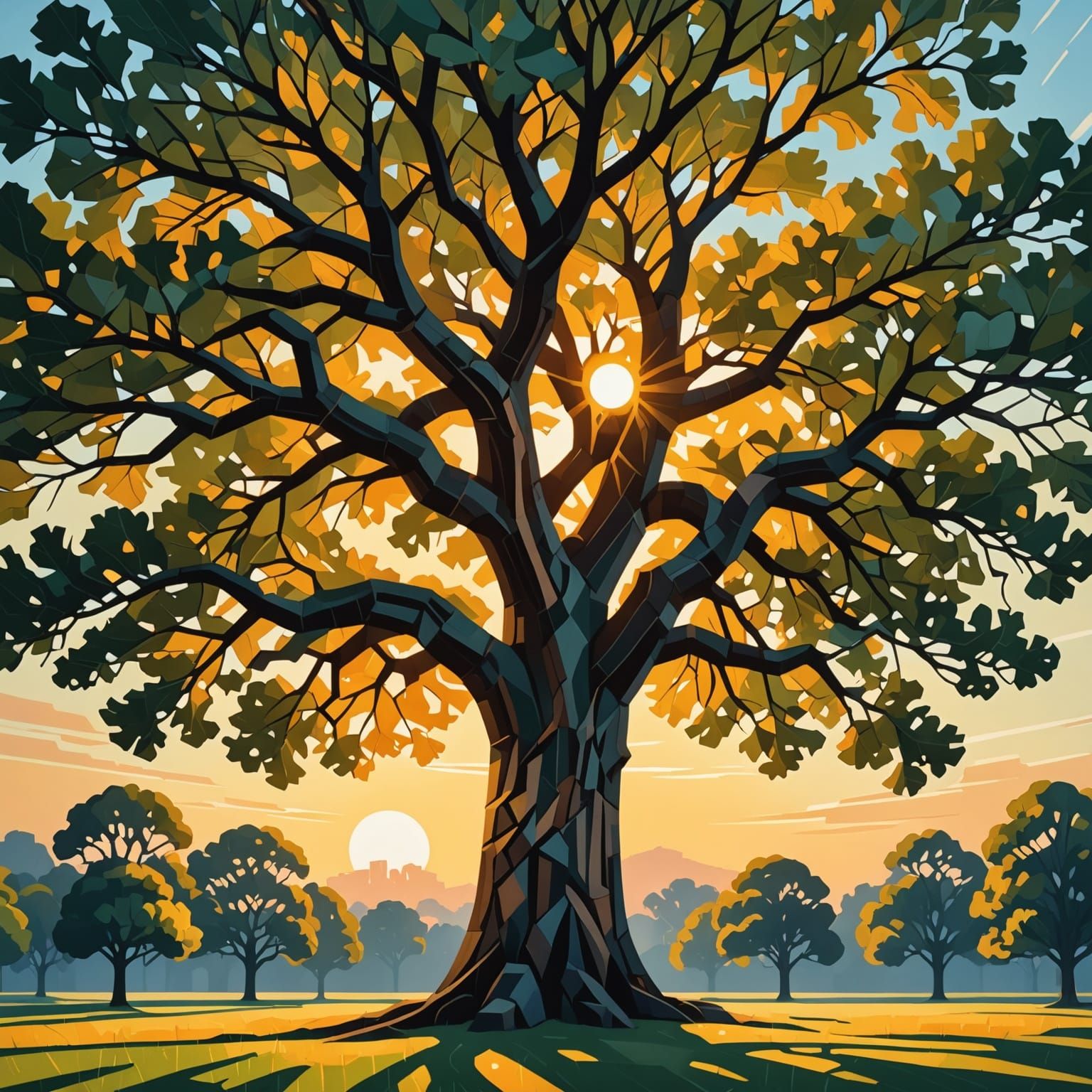 Surreal Oak Tree Silhouette in Setting Sun