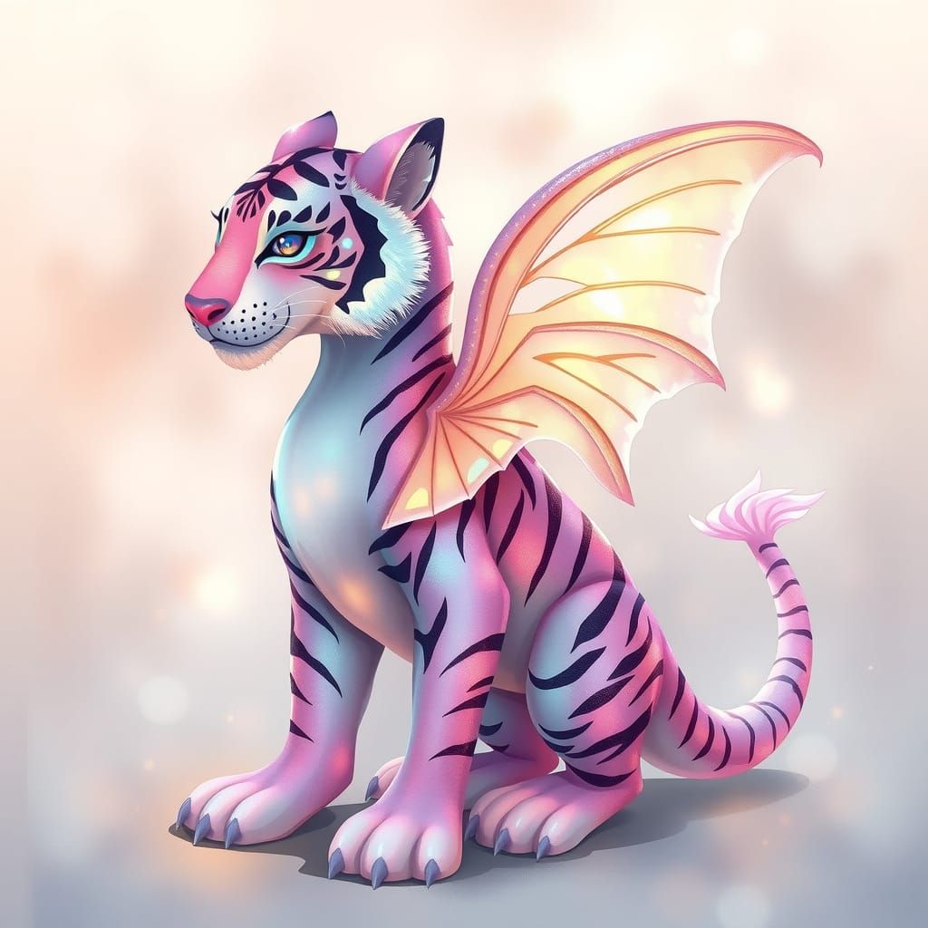 Whimsical Fairy Dragon Tiger with Iridescent Scales and Deli...