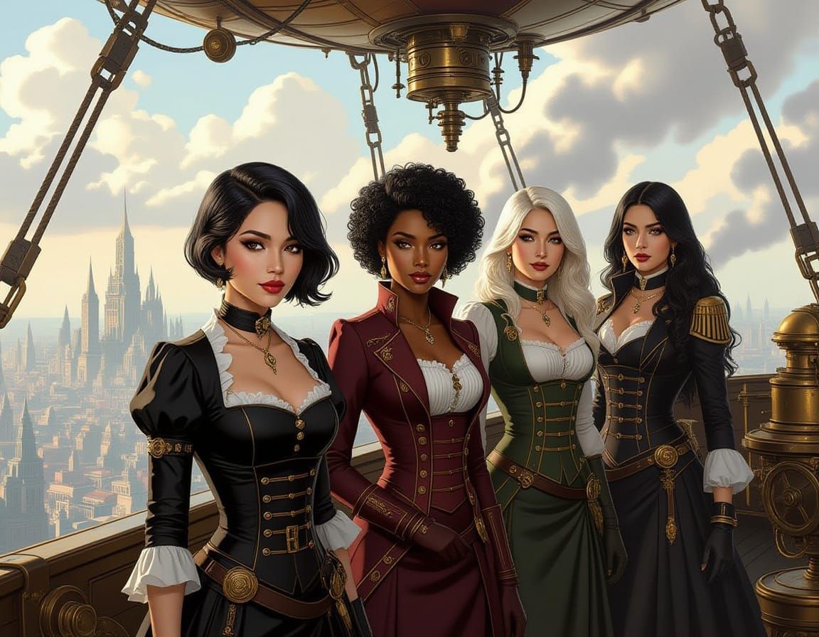 Diverse Group on Dirigible Over Steampunk City
