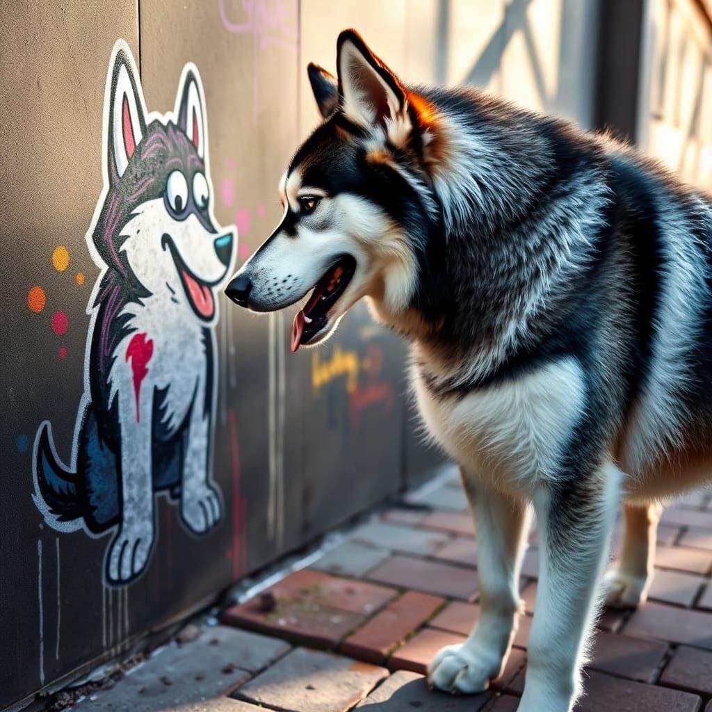 Malamute Husky Sniffs Cartoon Dog Graffiti Art