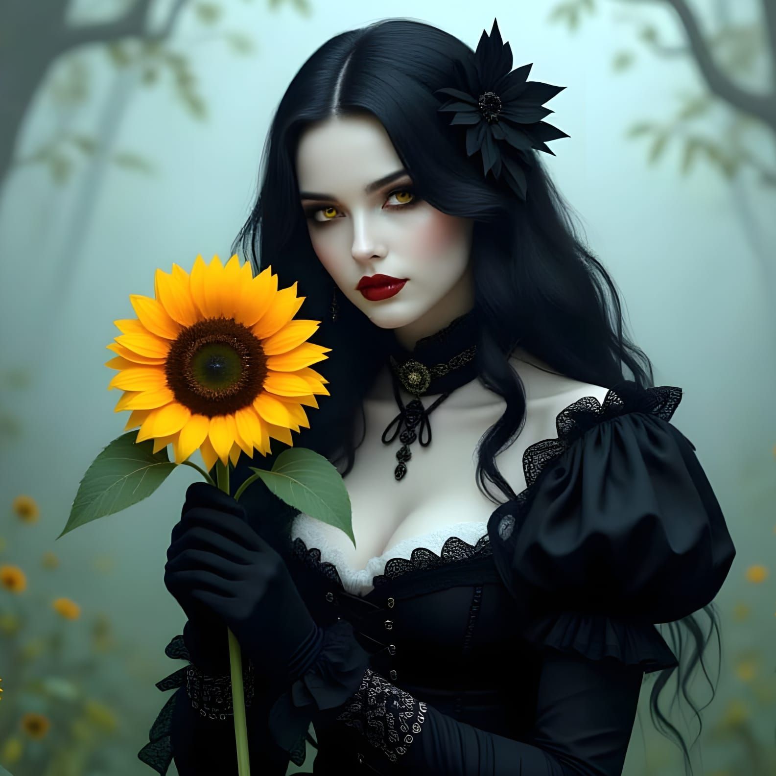 Goth Woman Cherishes Sunflower Amidst Misty Surroundings