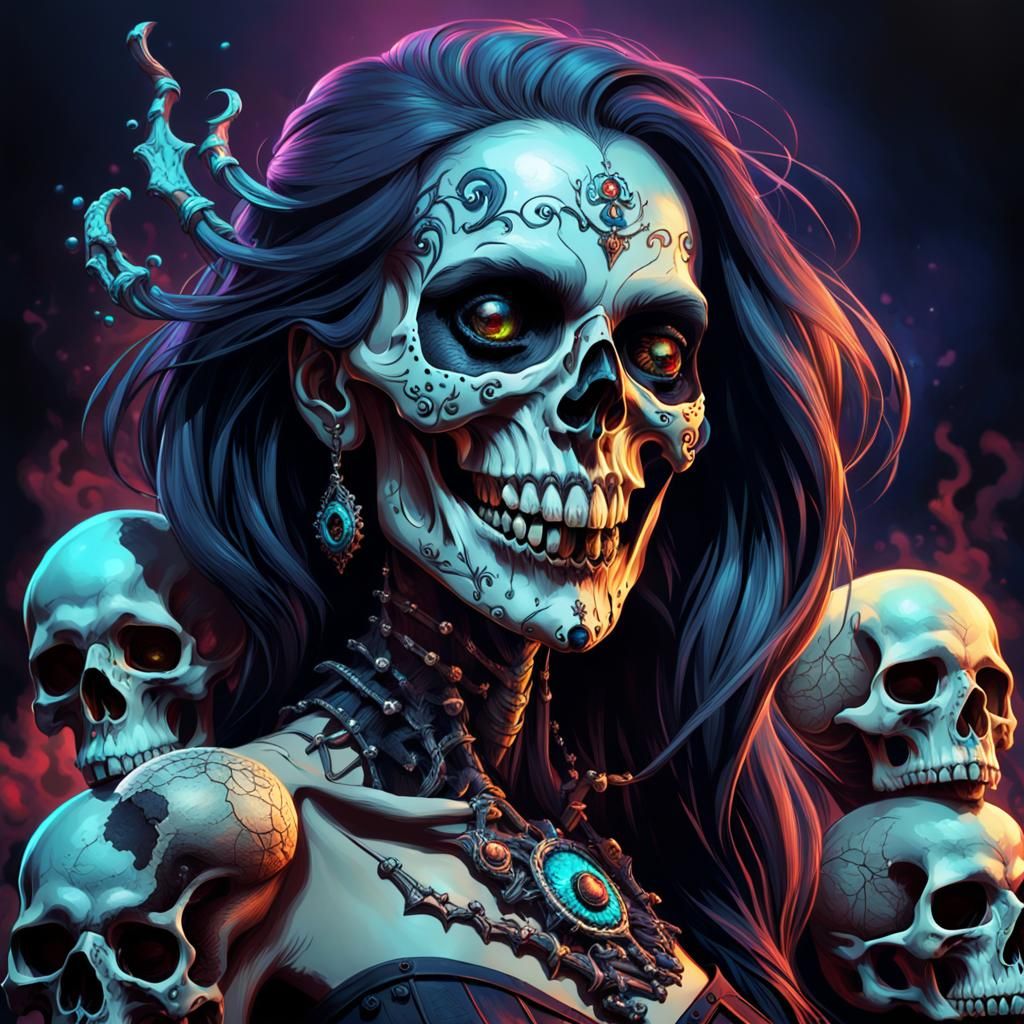 Sinister Woman with Skulls in Hyperrealistic Splash Art