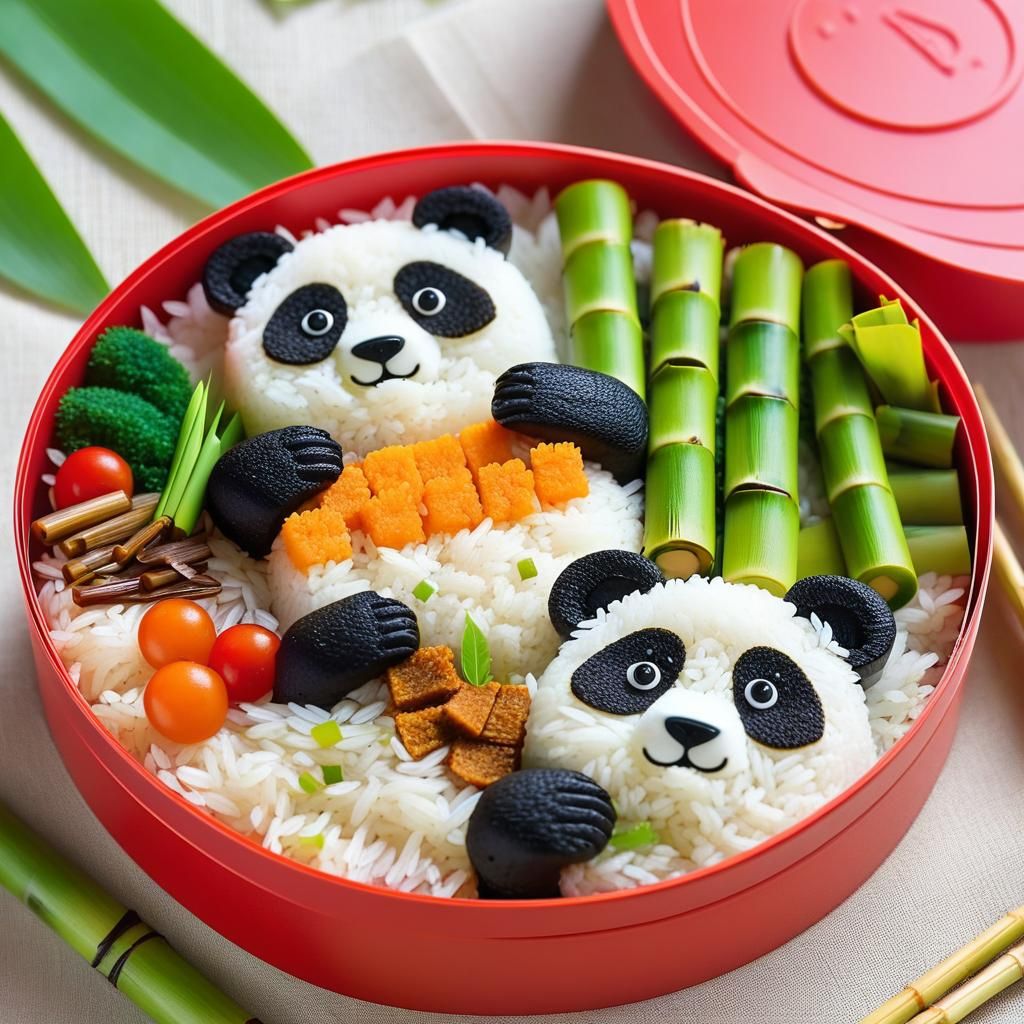 Rice Pandas Eating Bamboo in Bento Box