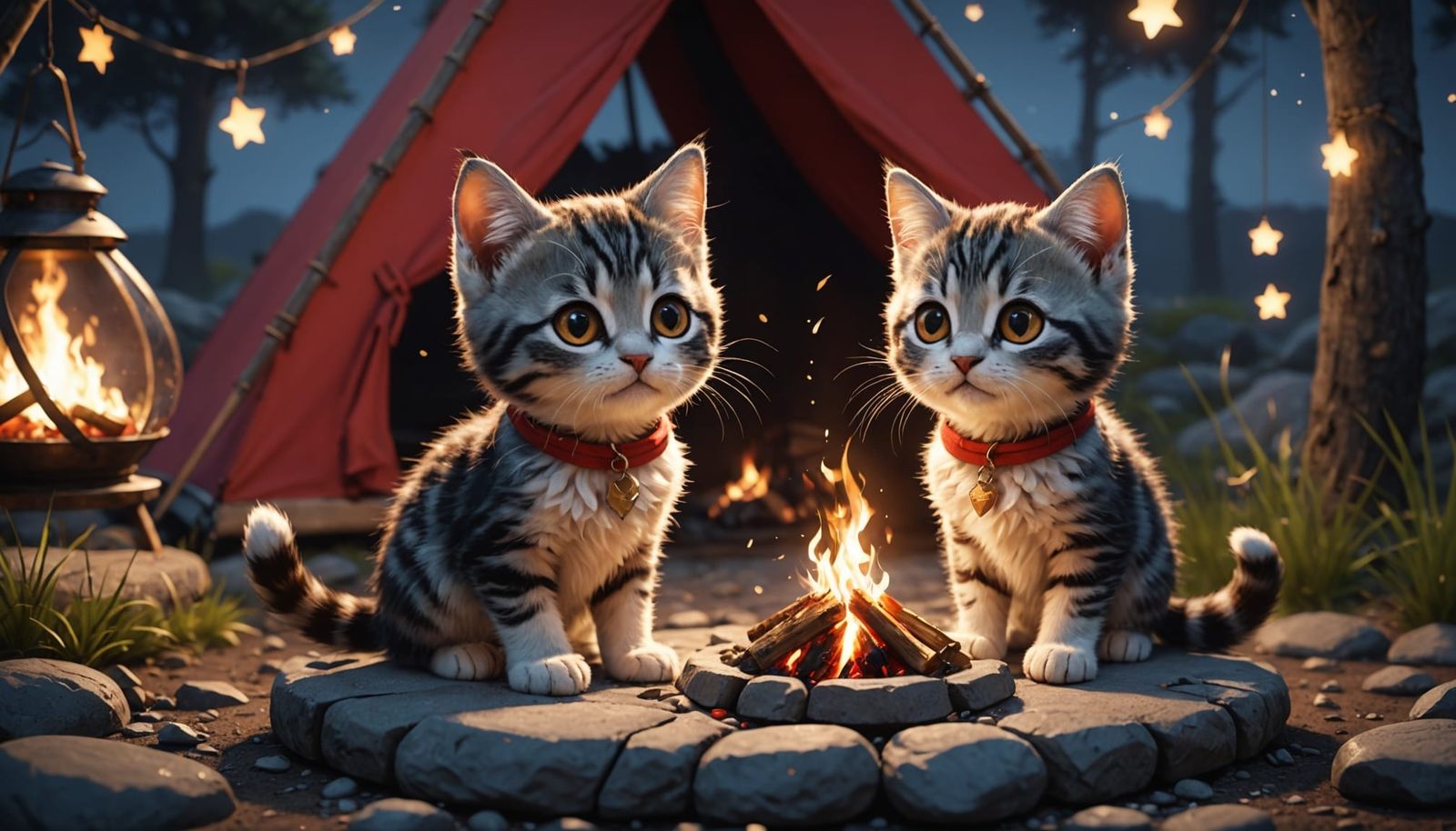 Cute Kittens Camping Under the Stars: 3D Anime Art