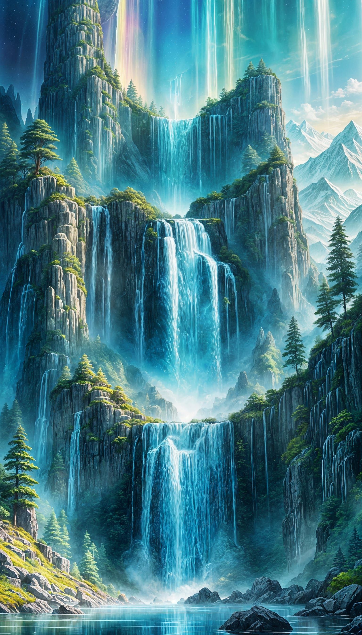 Prismatic Waterfall Cascading from Crystal Tower