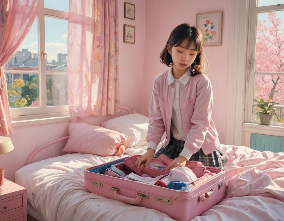 Schoolgirl Packing Explosives in Pastel Watercolor Style