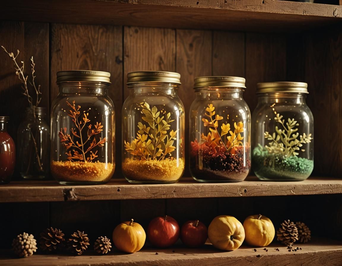 Four Seasons Jars in Cinematic Film Style