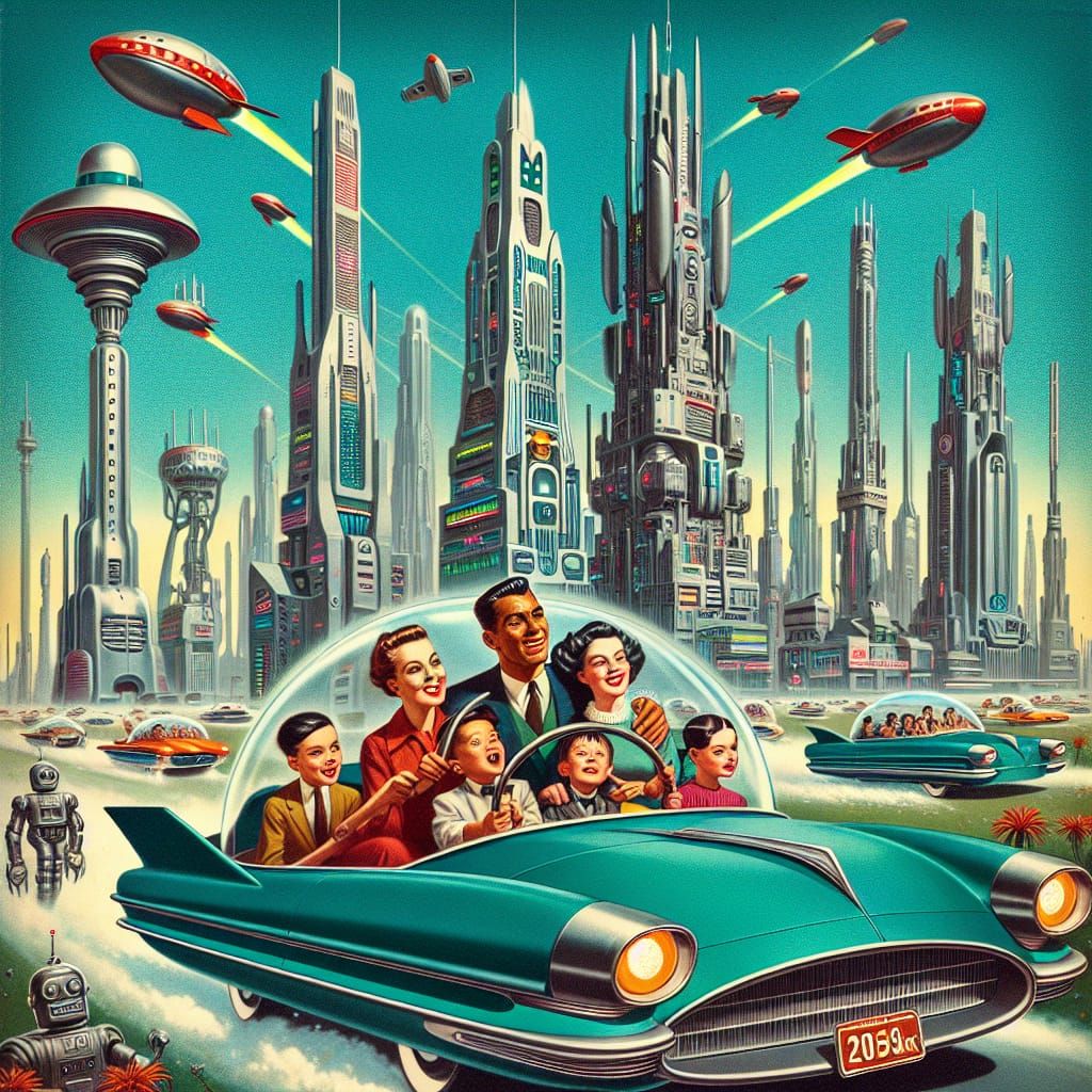 Retro-Futuristic Family Soars in 1950s Style Cityscape