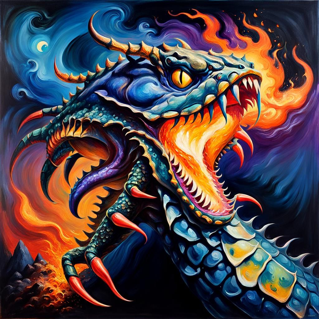 Crab Claw Dragon Attack: Surreal Abstract Oil Painting