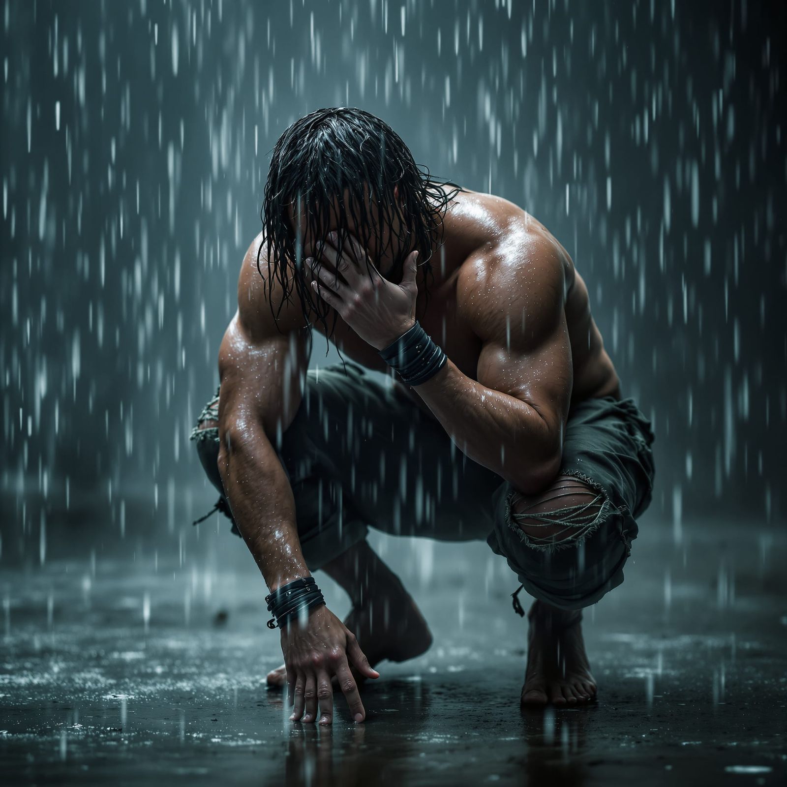 Man Crouching in Heavy Rain