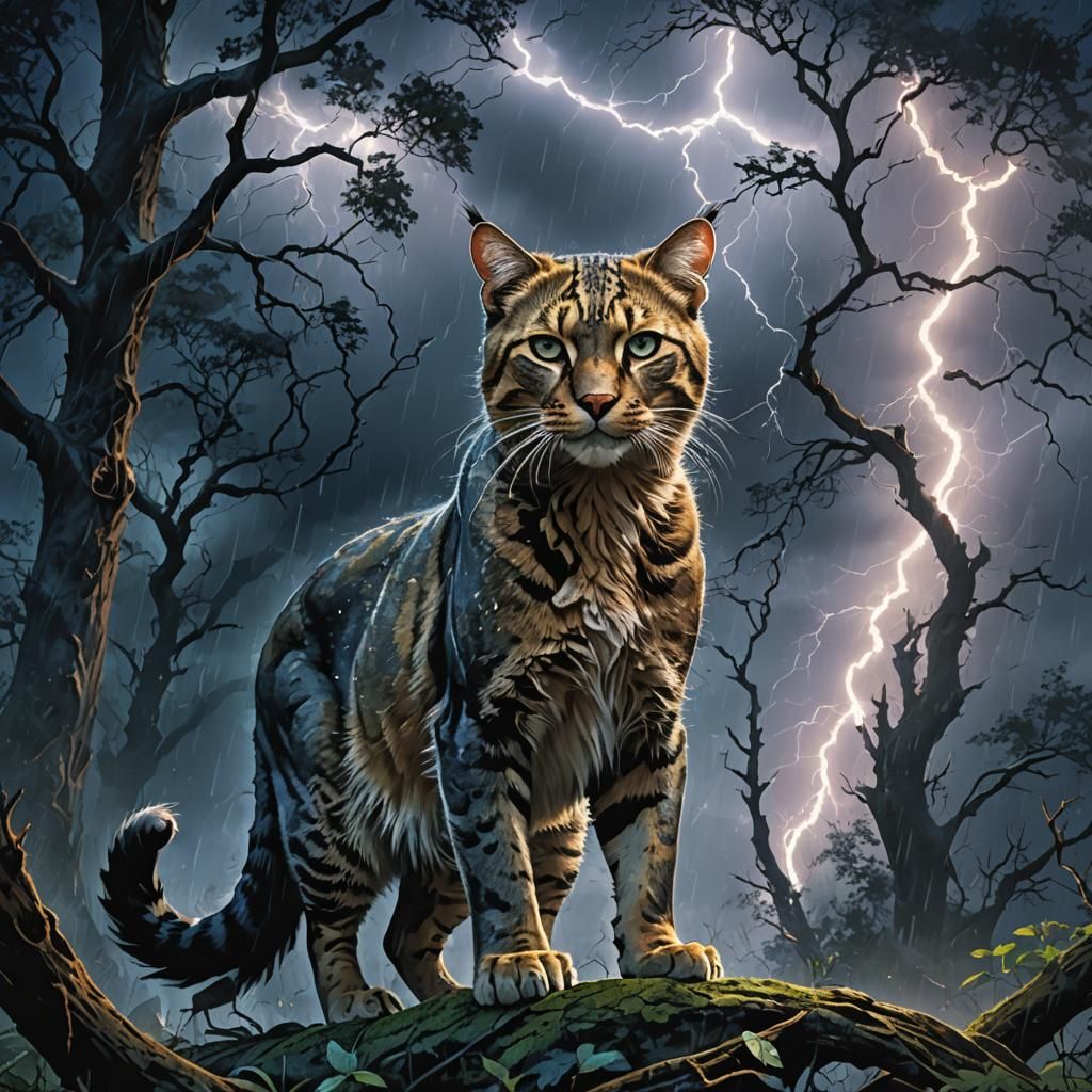 Majestic Cat in Stormy Forest, Photorealistic Art