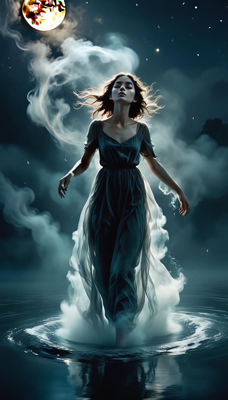 Ethereal Girl Floating in Moonlit, Smoky Landscape