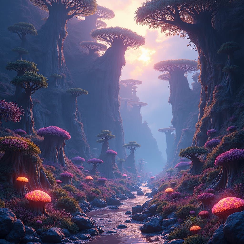 Mystical World with Glowing Plants and Crystals