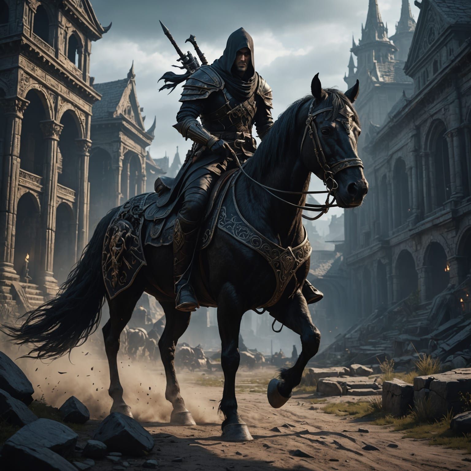 Dark Assassin and Horse in Detailed Matte Painting
