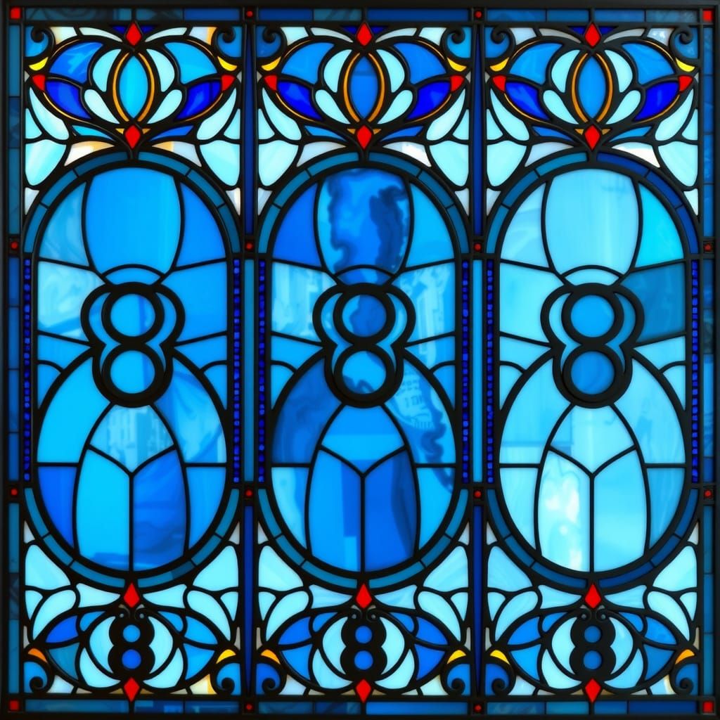 Blue Stained Glass Artwork with Number 8 Mosaic Pattern