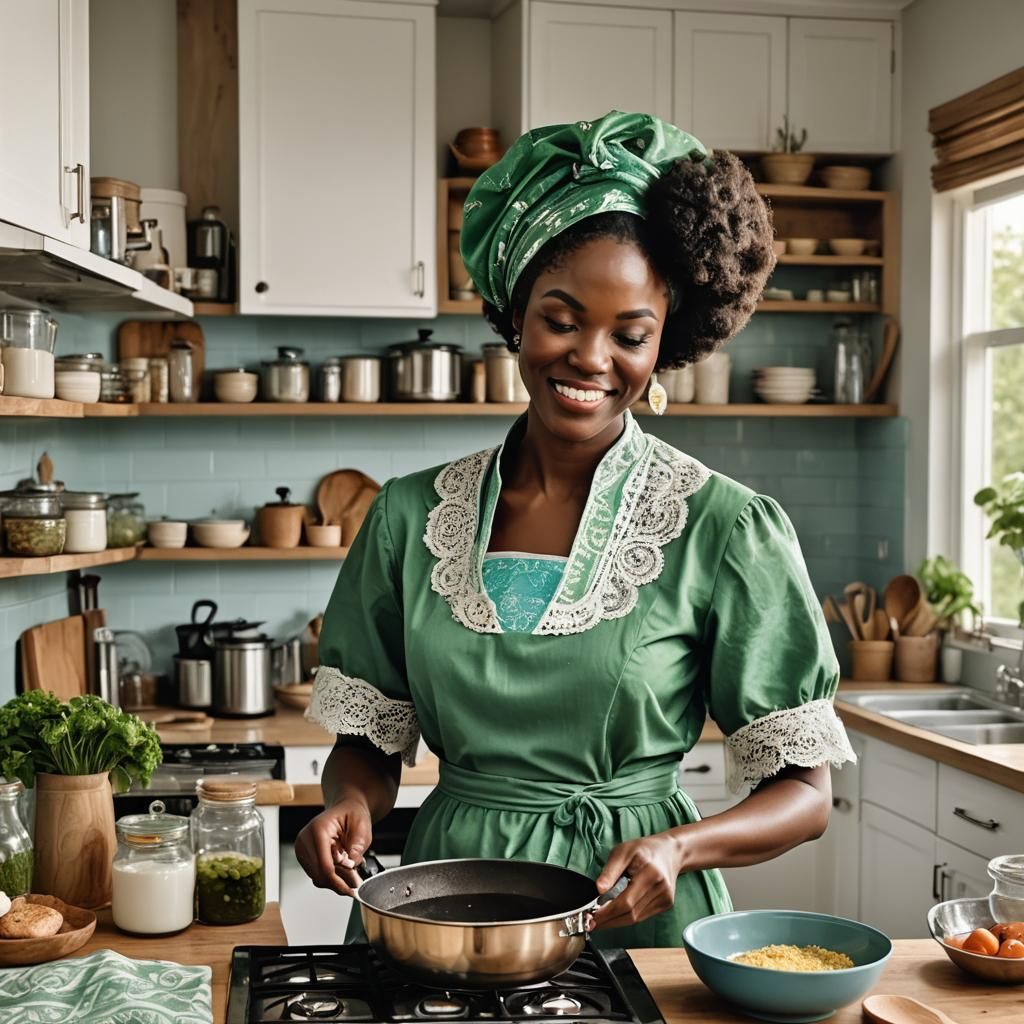 Woman Cooking with Baby, Detailed Matte Painting