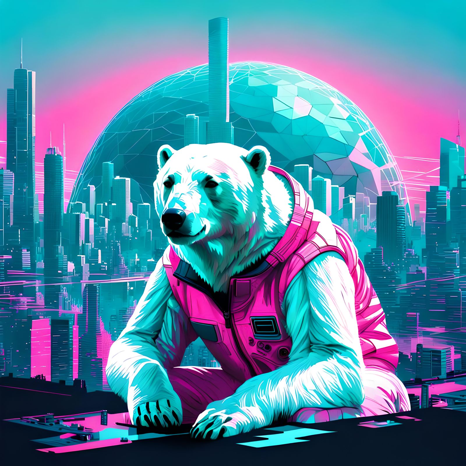 Neon Dreams: A Cybernetic Polar Bear's Journey Through Glitchy Cityscapes