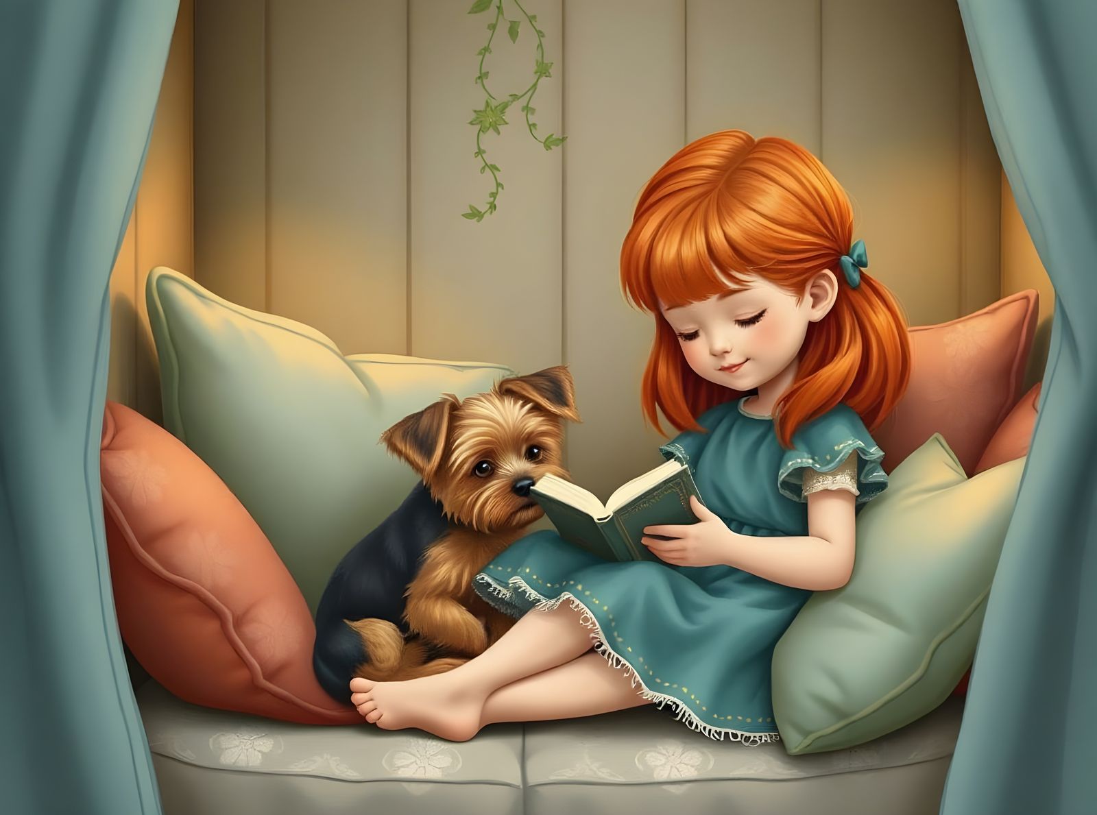 Cozy Reading Nook: Girl and Yorkie Pup