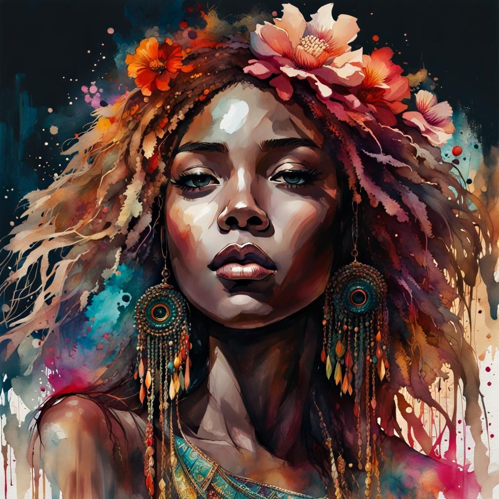 Beautiful Nigerian Girl Portrait in Watercolor Style