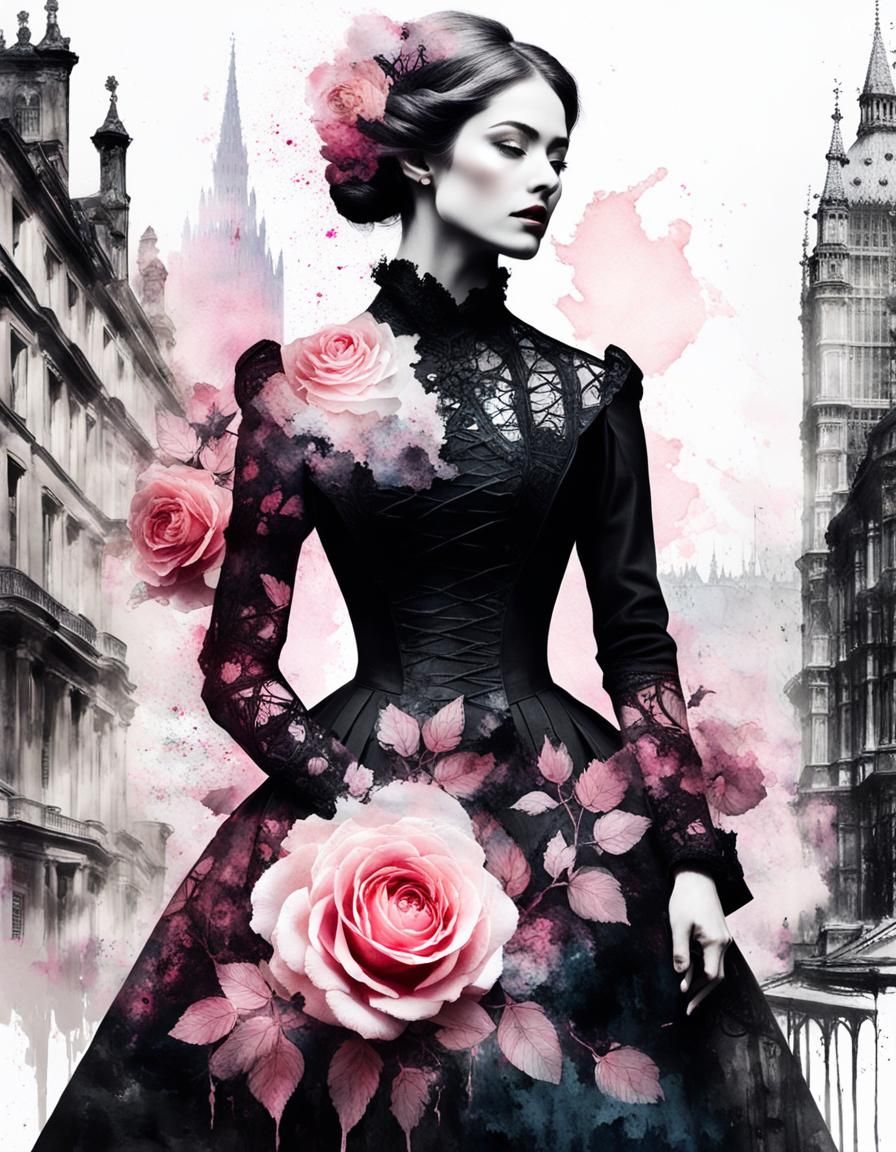 Victorian Silhouette with London and Roses in Watercolor