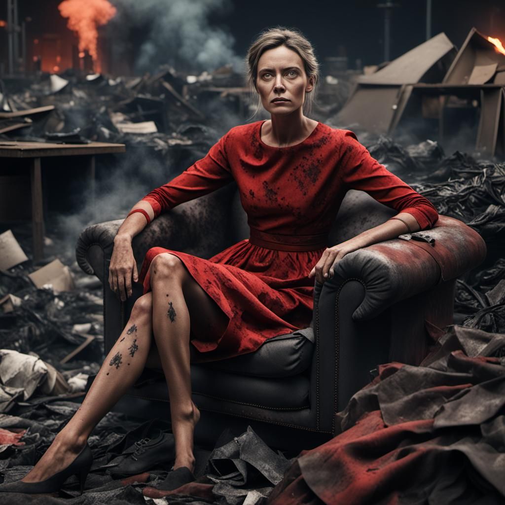 Apocalyptic Landfill: Soot-Covered Woman in Red Dress