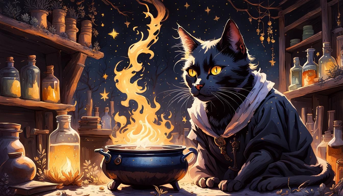 Black Cat Familiar Watches Witch Brew Potion in Watercolor