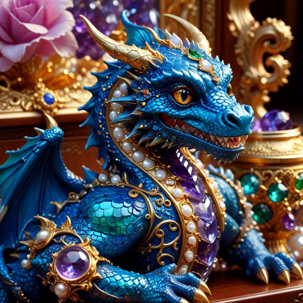 Blue Dragon with Jewels in Vivid Digital Art