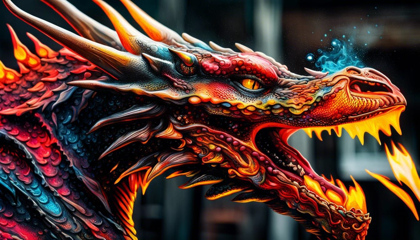 Hyperrealistic Fire Dragon in Colorful Street Art Style