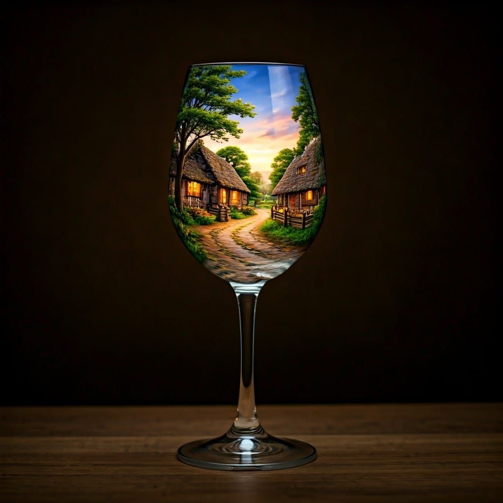 Rustic Village Life Inside a Wine Glass
