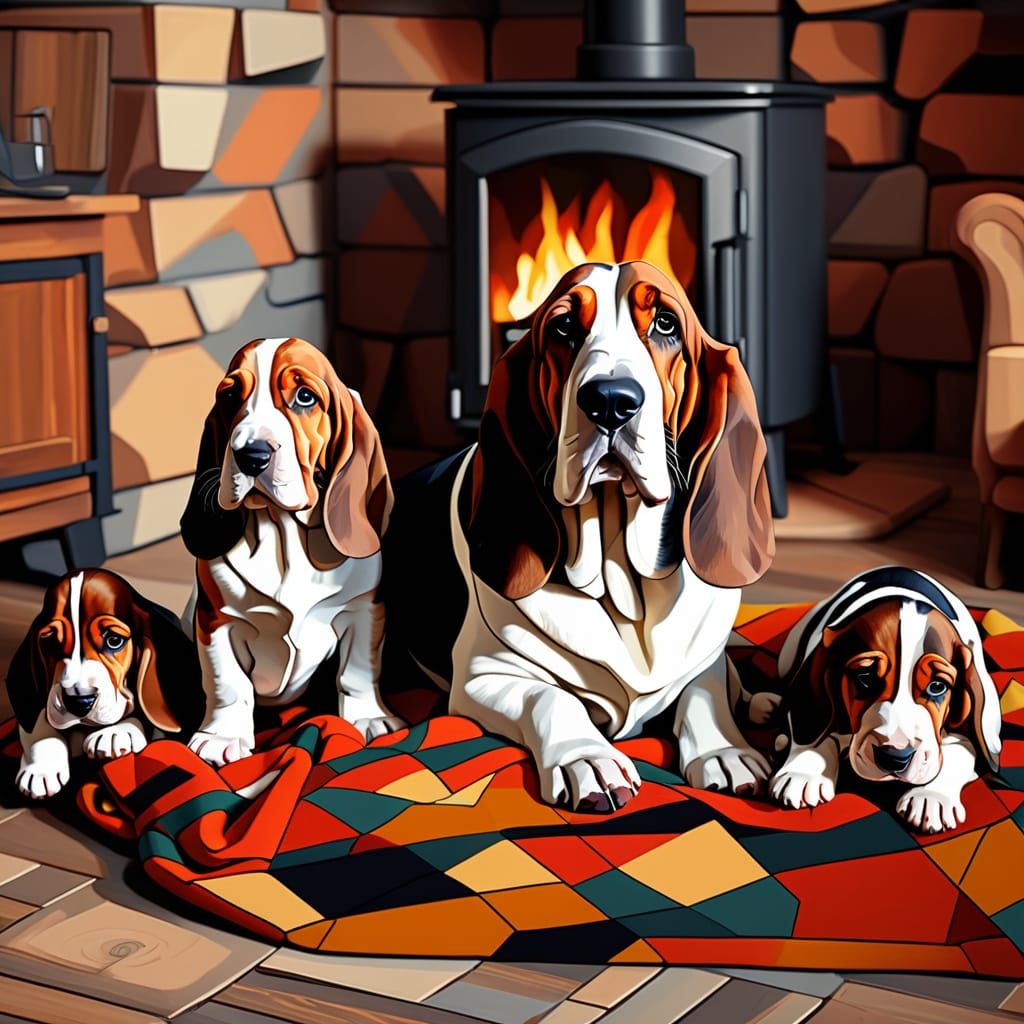 Mother Basset Hound and Puppies by Fireplace